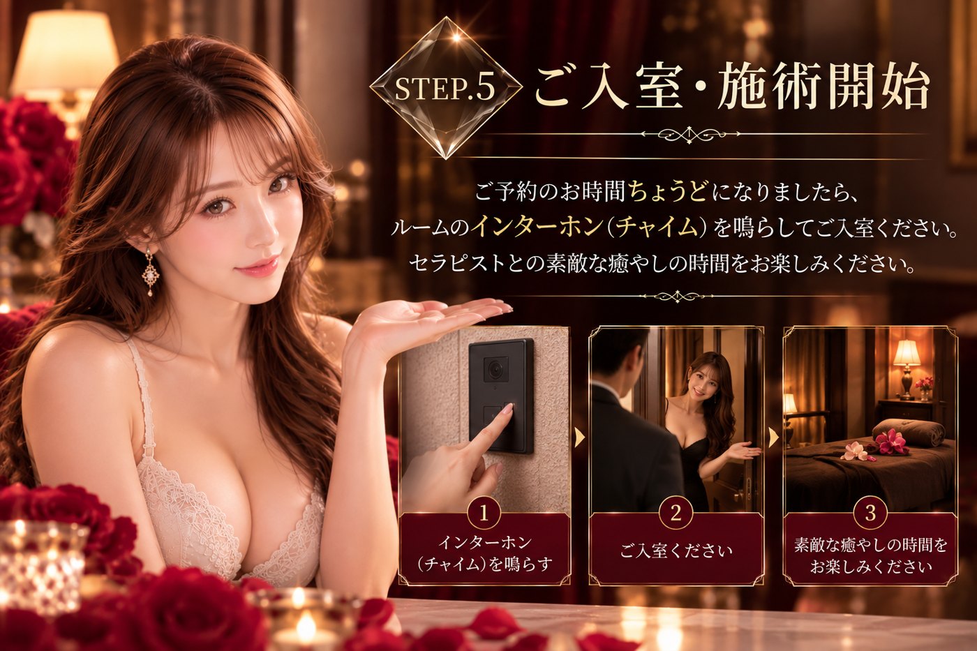 STEP.5 ご入室・施術開始|インターホン(チャイム)を鳴らしてご入室、セラピストとの素敵な癒やしの時間をお楽しみください